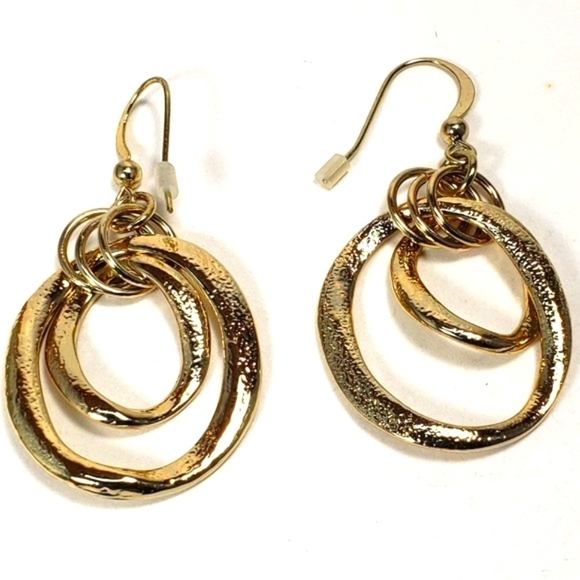 Gold-Tone Textured Hoop Dangle Earrings – Interlocking Statement Design - 2-inch - Picture 4 of 7